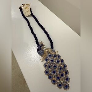 Majestic Blue and Gold Peacock Pendant Necklace